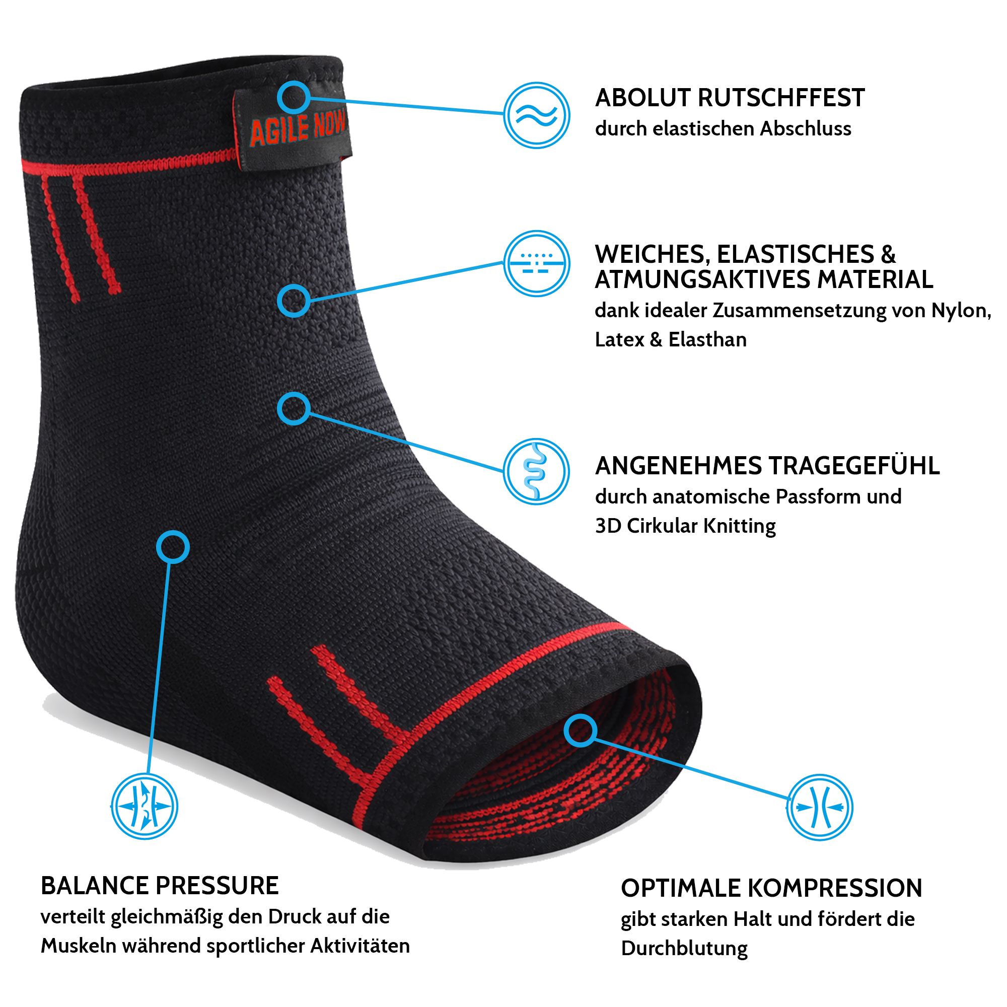 Schwarze Sprunggelenkbandage mit roten Akzenten. Text: AGILE NOW. Eigenschaften: rutschfest, atmungsaktiv, angenehm, Balance, Kompression.