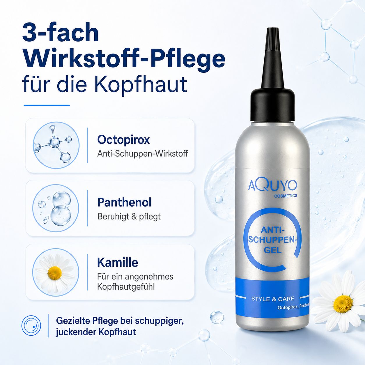 Flasche Anti-Schuppen-Gel neben Liste von Wirkstoffen: Octopirox, Panthenol, Kamille. Text über 3-fache Pflege.