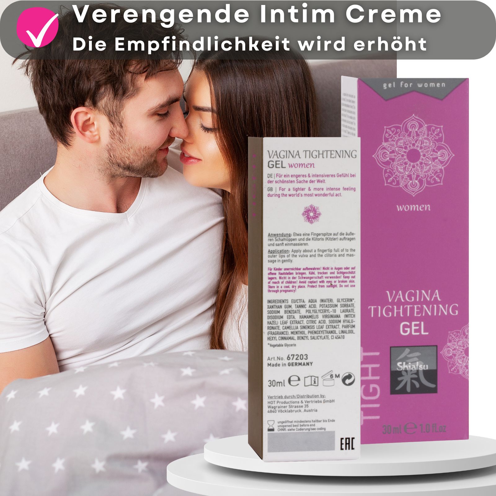 Rosa Tube und Text. Aufschrift: Vagina Tightening Gel. Abgebildet: Paar. Vorteile.