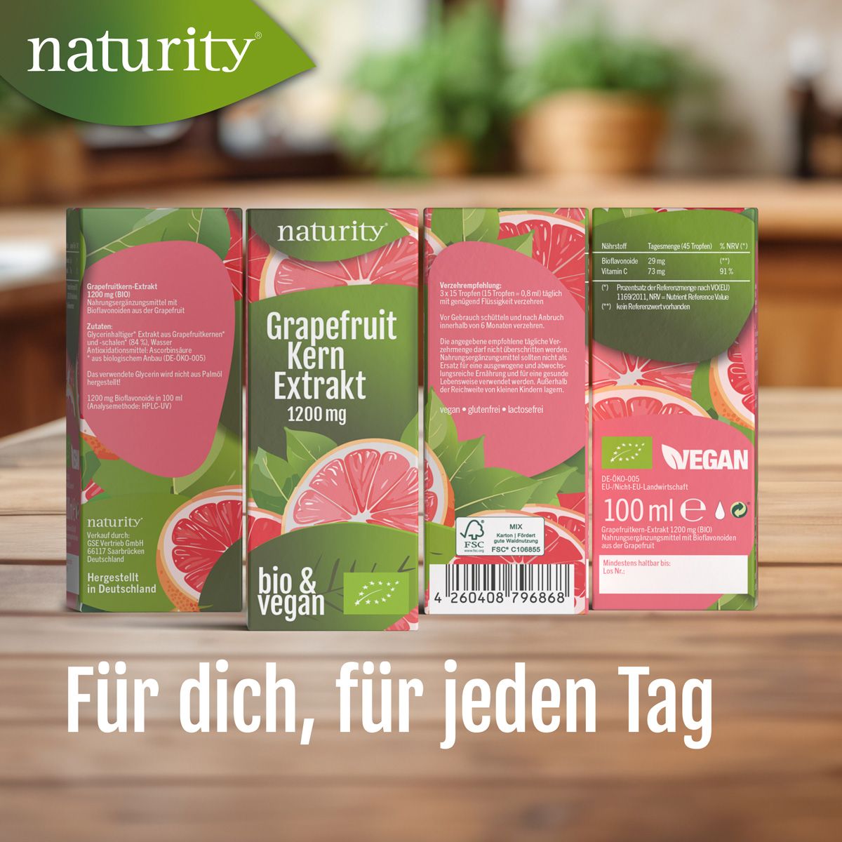 Produktverpackung. Text: Grapefruitkern Extrakt 1200 mg, bio & vegan. Inhaltsstoffe, Nährwertangaben, 100 ml.