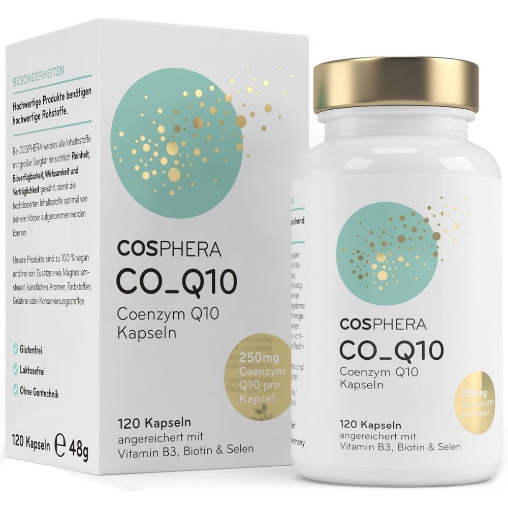 Weiße Flasche und Schachtel mit Cosphera Coenzym Q10 Kapseln. Aufschrift: CO_Q10, 120 Kapseln, angereichert mit Vitamin B3, Biotin & Selen.