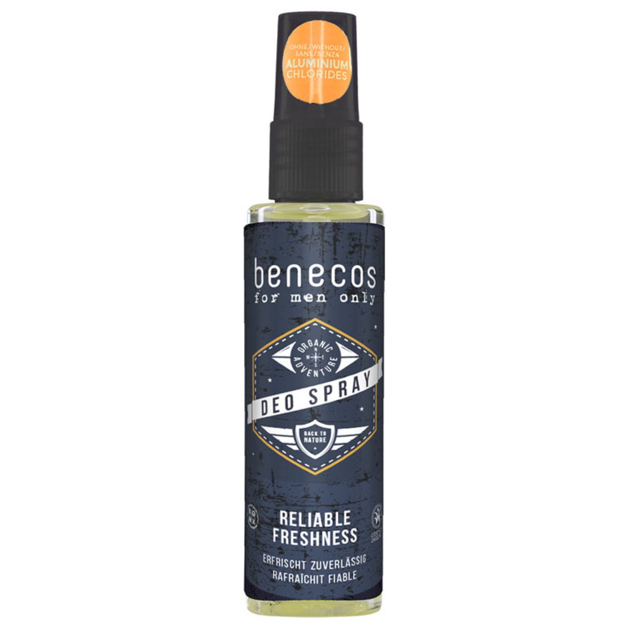 Benecos Deo Spray für Männer mit "Organic Adventure" Design. Enthält Aluminiumchlorid.