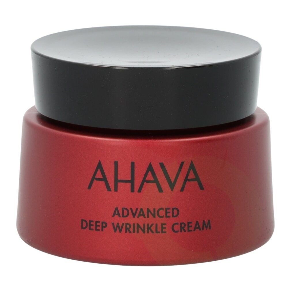 Rote Creme-Dose mit schwarzem Deckel. Aufschrift AHAVA ADVANCED DEEP WRINKLE CREAM.