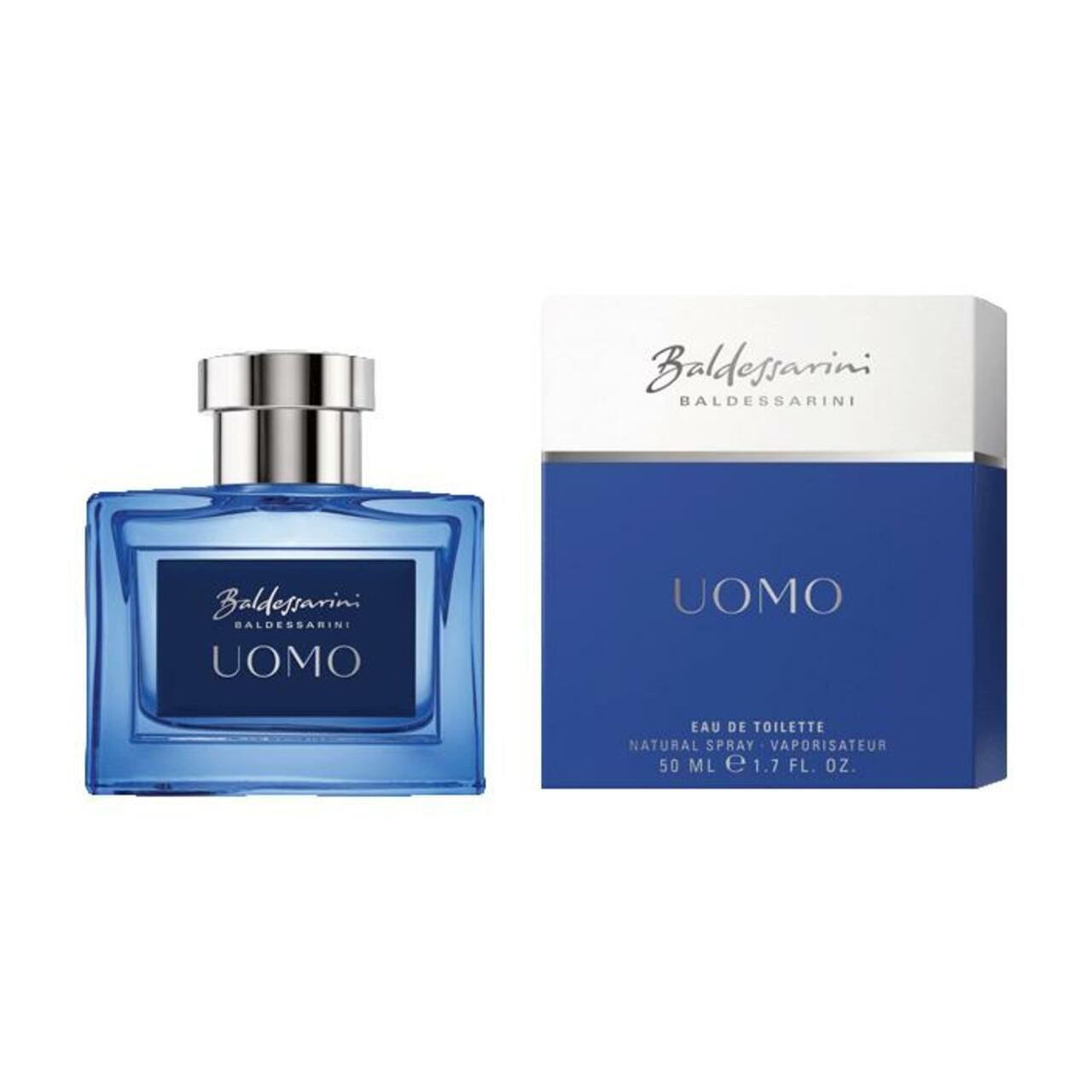 Blauer Flakon und Verpackung. Aufschrift: Baldessarini UOMO. Eau de Toilette.