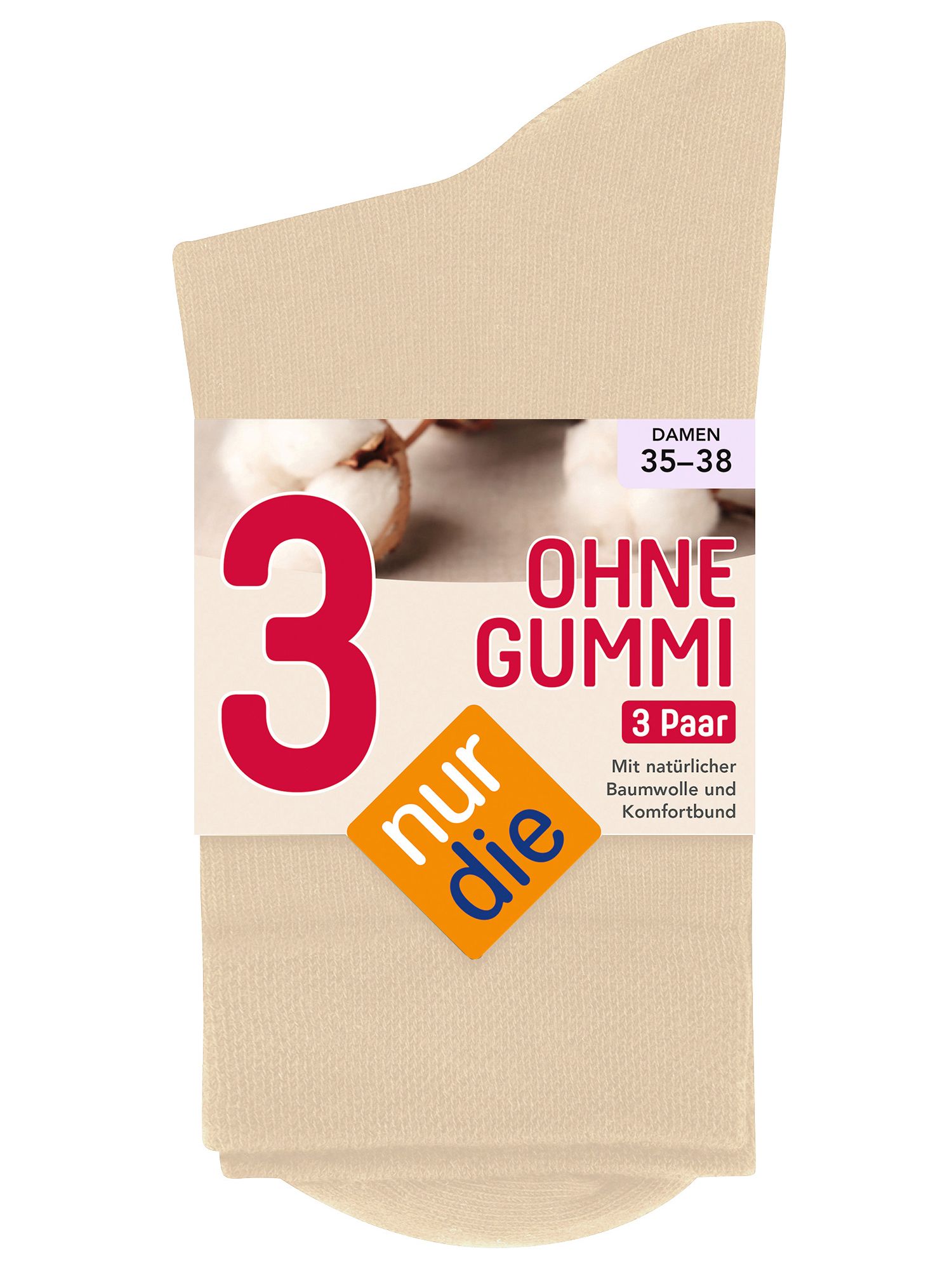 Beige Socken, 3er Pack, mit Produktetikett. Text: "OHNE GUMMI", "nur die". Baumwolle. Größe 35-38.