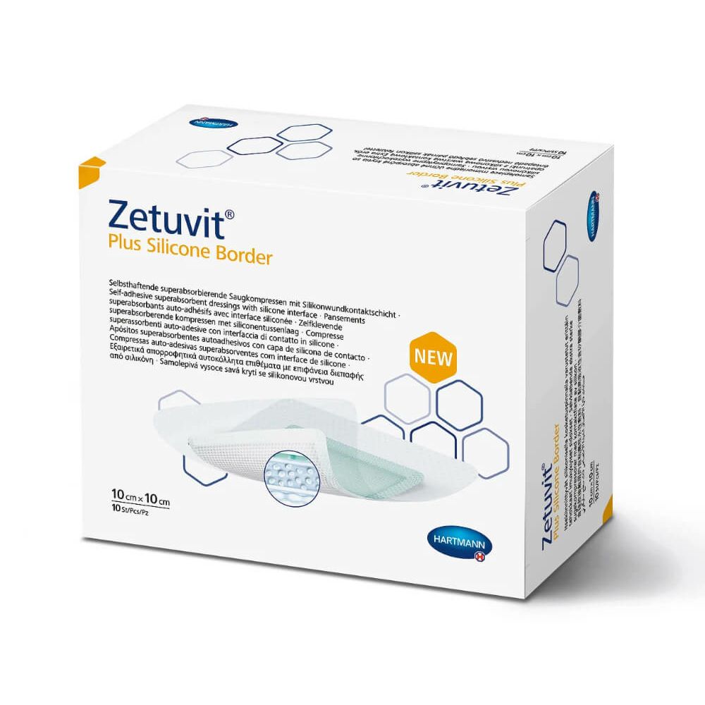 Confezione di Zetuvit Plus Silicone Border. Scatola bianca con immagine e testo del prodotto. Contiene 10 pezzi. Marca: Hartmann.