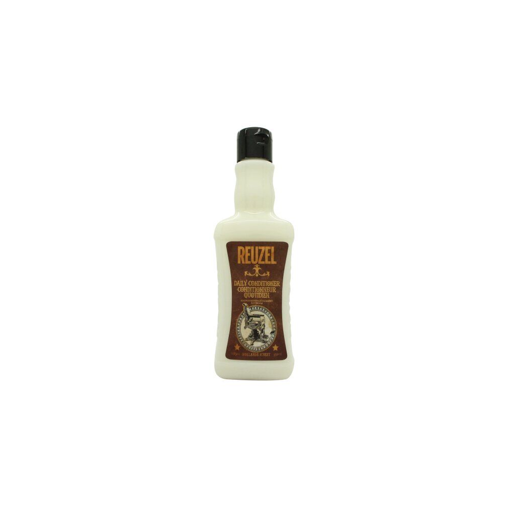 Weiße Flasche mit schwarzem Deckel. Aufkleber mit Schriftzug und Logo. Produktname: Reuzel Daily Conditioner.