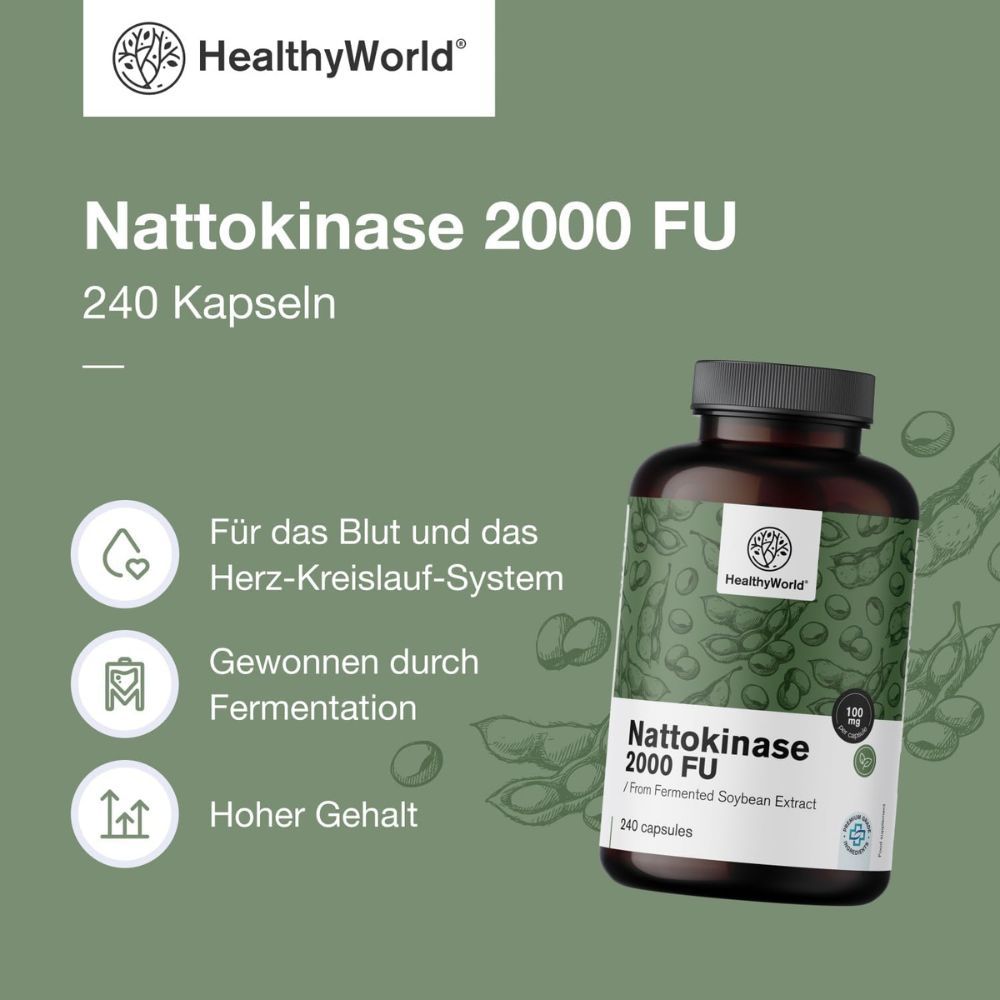 Mehrere Nattokinase-Flaschen mit Produktmerkmalen.