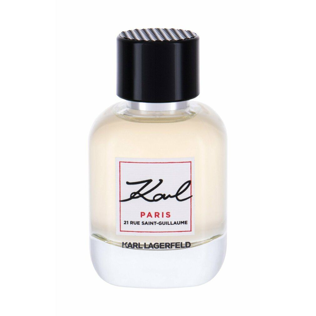 Parfümflasche. Aufschrift: Karl, Paris, 21 Rue Saint-Guillaume, Karl Lagerfeld. Schwarzer Deckel.