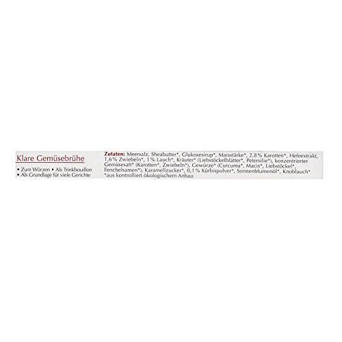 Zutatenliste Cenovis Klare Gemüsebrühe Bio: Meersalz, Glukosesirup, Karotten, Zwiebeln, Lauch, Kräuter, Gewürze.
