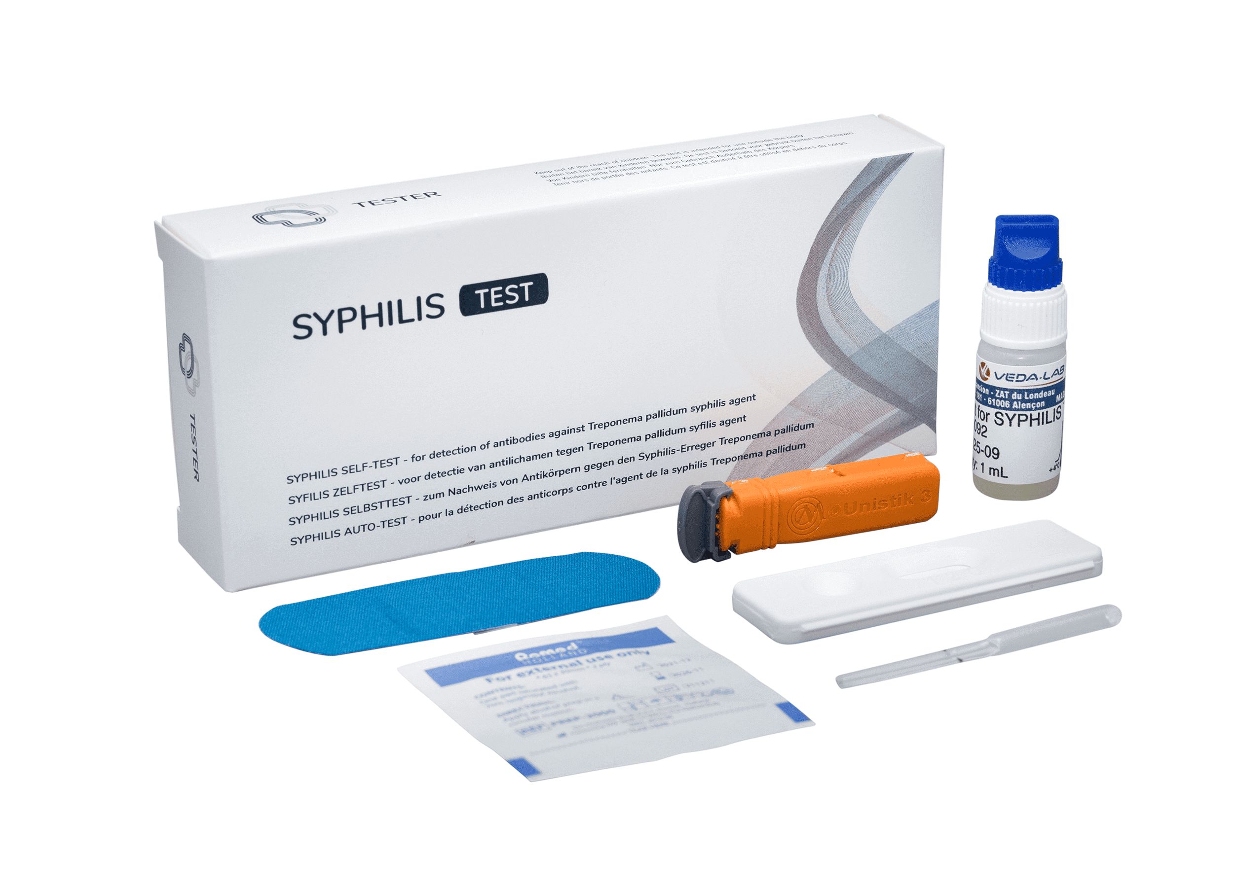 Syphilis-Selbsttest-Kit mit Pipette, Lanzette, Testkassette, Pufferlösung und Anleitung.