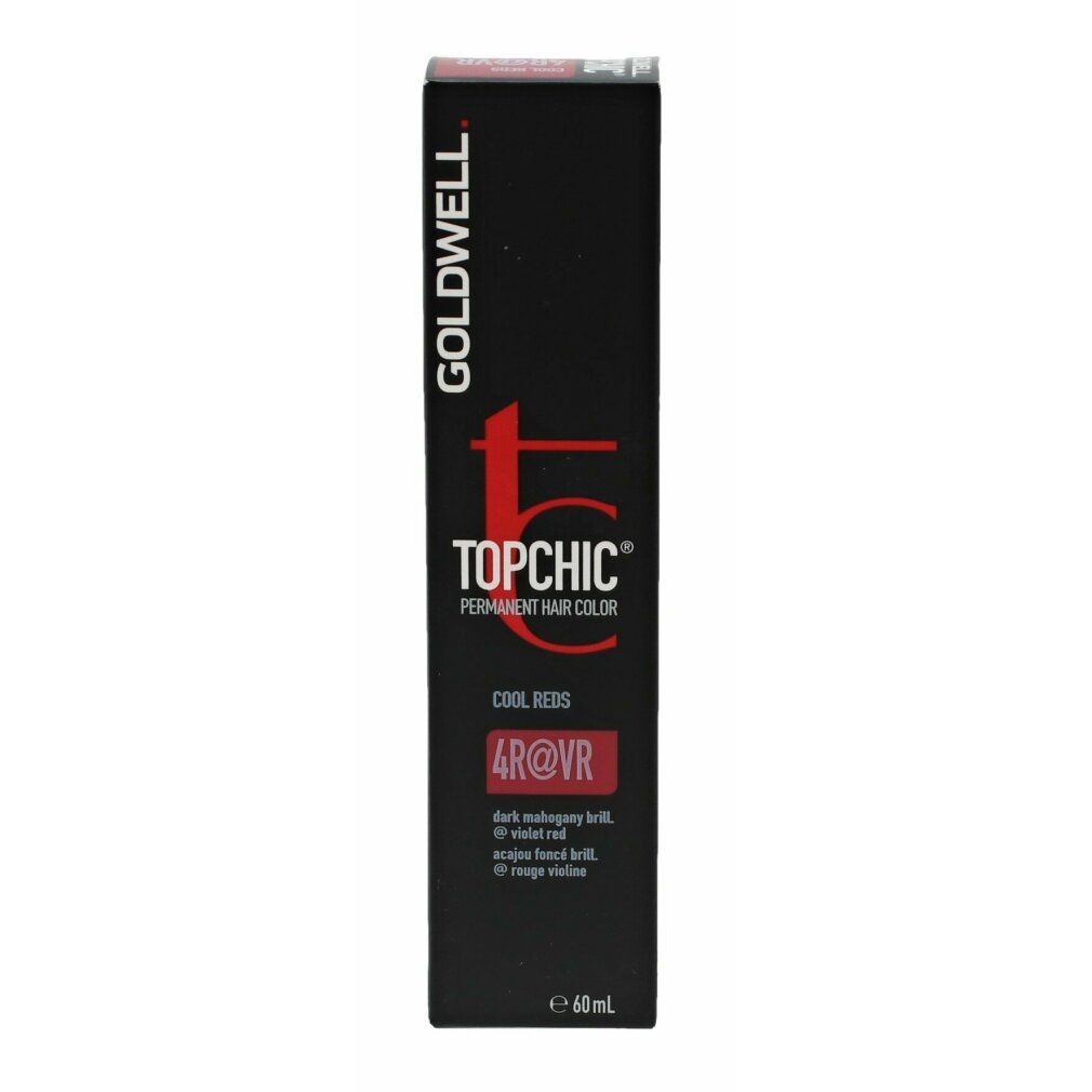 Goldwell Topchic Haarfarbe. Schwarze Verpackung mit Produktinformationen. 4R@VR, Cool Reds. 60ml.