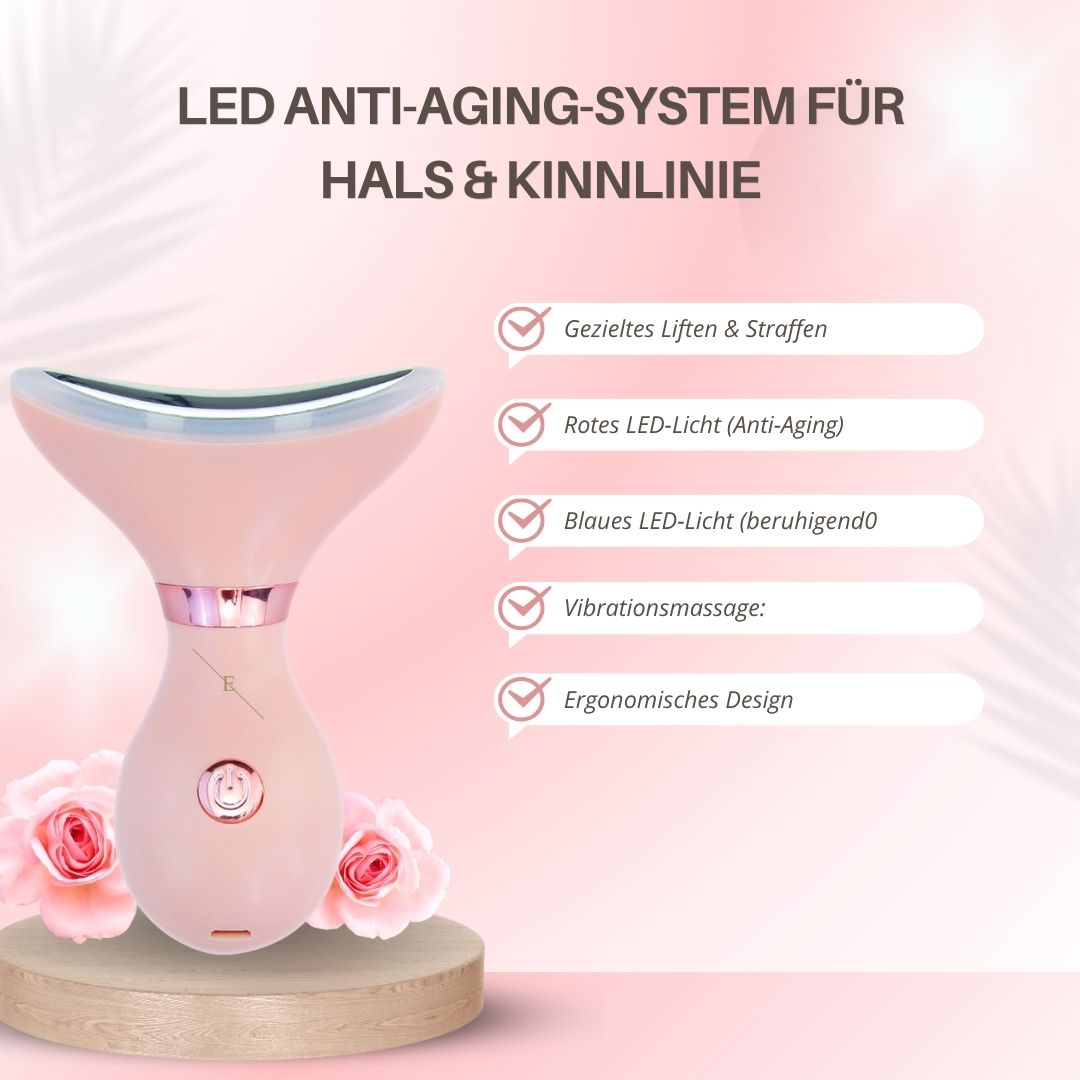 Rosa Hals- und Kieferlinien-Definierer mit LED-Lichtern. Produktname und Vorteile auf rosa Hintergrund.