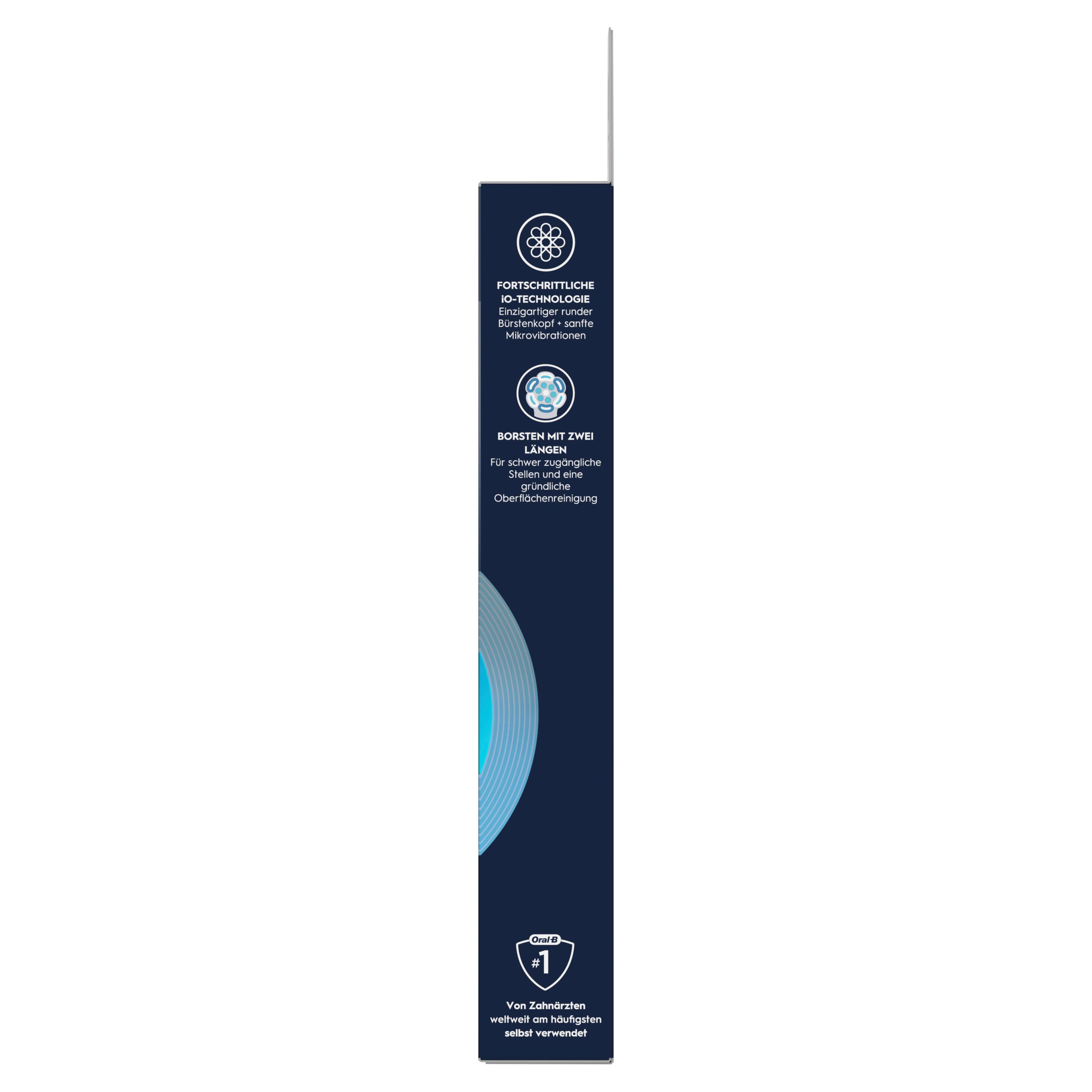 Seite der Oral-B iO Aufsteckbürsten-Verpackung. Text: iO-Technologie, Borstentechnologie, Zahnärzte empfehlen. Qualitätszeichen.