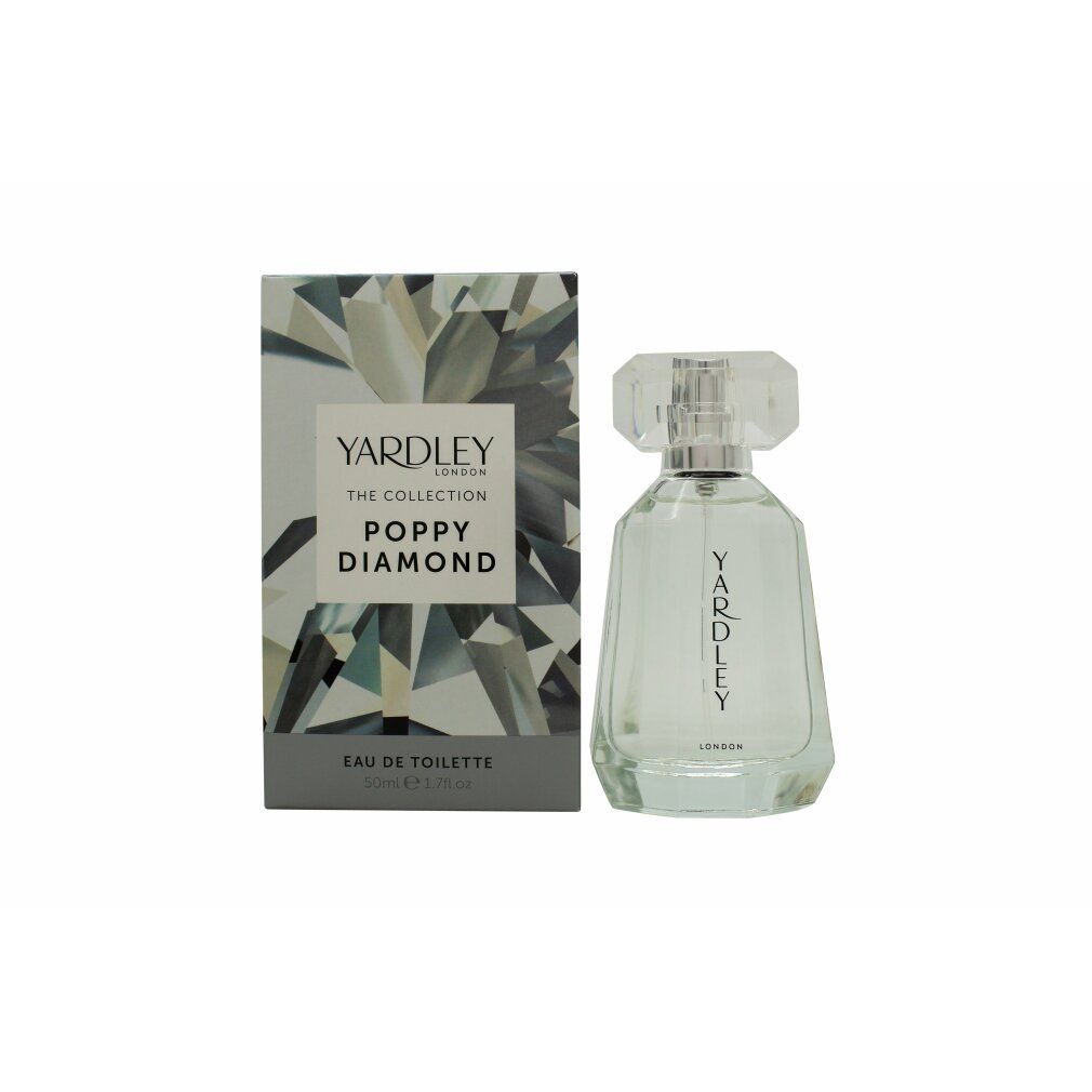 Flakon und Verpackung von Yardley Poppy Diamond Eau de Toilette. Flakon mit transparentem Körper und Deckel. Verpackung mit Logo.