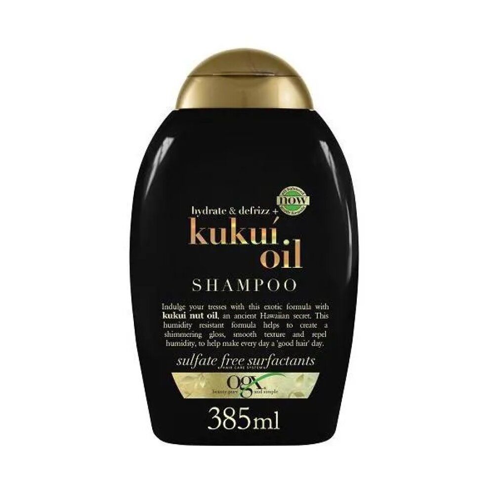 Schwarze Shampoo-Flasche mit goldfarbenem Deckel. Aufschrift: Kukui Oil Shampoo. Volumen: 385ml.