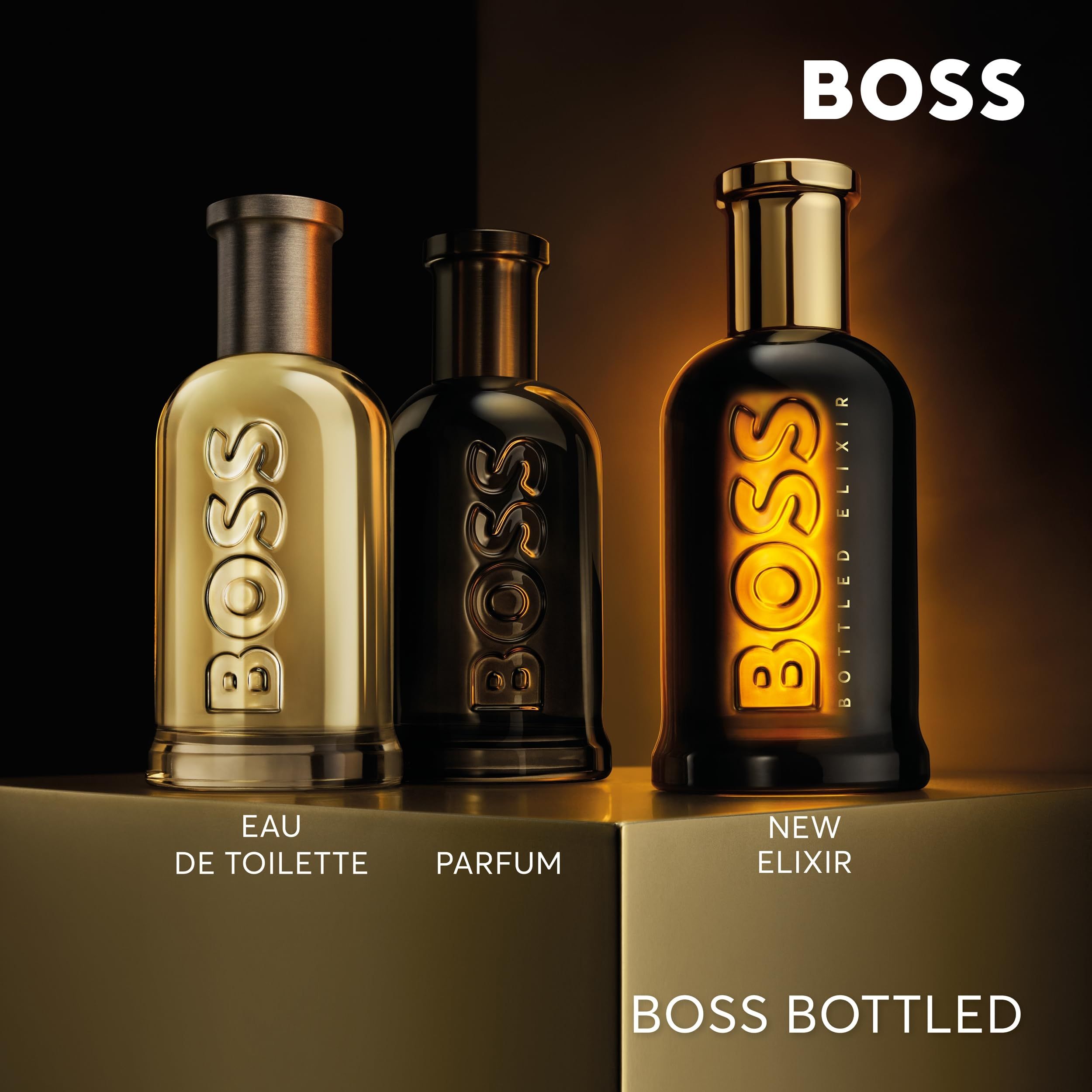 Drei HUGO BOSS Bottled Düfte: Eau de Toilette, Parfum und Elixir.