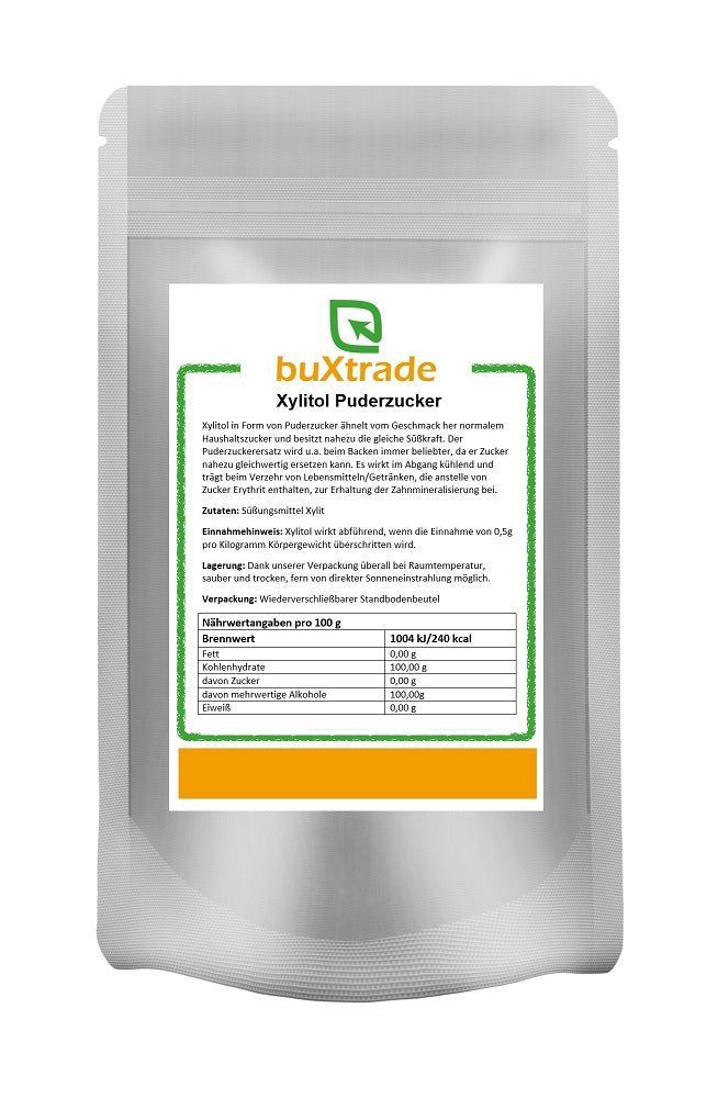 Verpackung von buXtrade Xylitol Puderzucker. Weißer Beutel mit grünem Etikett und Nährwertangaben.