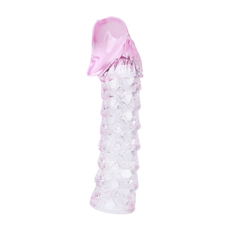 Ein transparenter, texturierter Penisring mit einer rosa Spitze.
