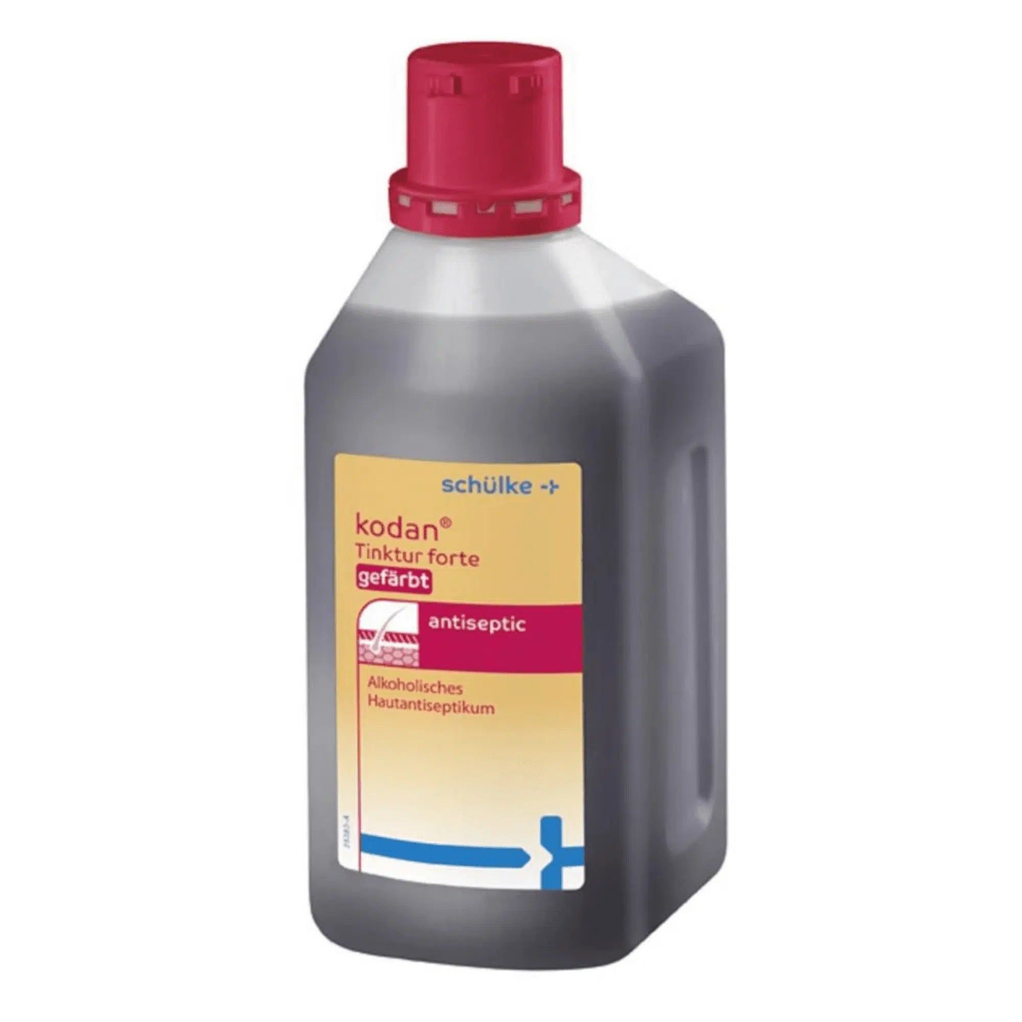 Flasche mit rotem Verschluss. Aufkleber mit Produktnamen und "antiseptic". Flüssigkeit dunkel gefärbt.