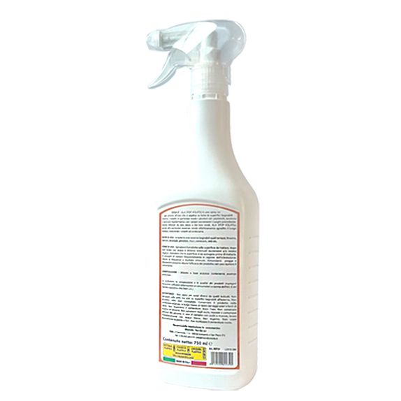 Mondo Verde Ala Stop Volatili 750 ml Spray. Una bottiglia spray bianca con un erogatore trasparente. L'etichetta mostra il nome del marchio e le informazioni sul prodotto in italiano. La bottiglia contiene 750 ml ed è pronta all'uso.