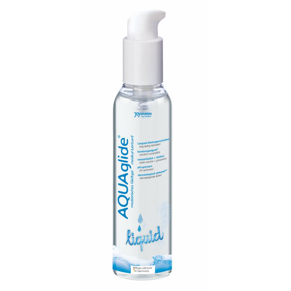 Transparente Flüssigkeit in Flasche mit Dosierpumpe. Aufschrift AQUAglide, medizinisches Gleitgel. Liquid.