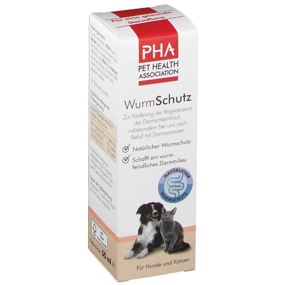 Produktverpackung mit Logo und Text. PHA Wurm Schutz, für Hunde und Katzen. Abbildung: Hund und Katze. Text: Natürlicher Wurmschutz, 50 ml.