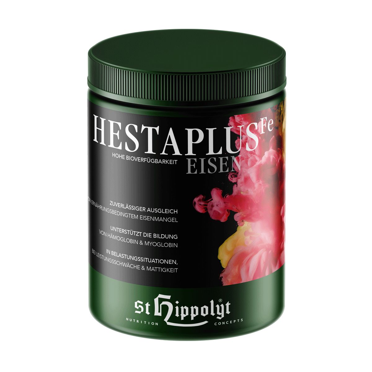 Grünes Produktglas mit Aufschrift Hesta plus Eisen und St. Hippolyt Logo.
