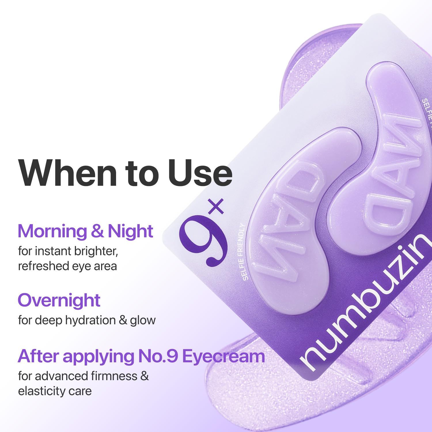 Numbuzin No.9 NAD+ Collagen Under Eye Patches, lila, mit Text.