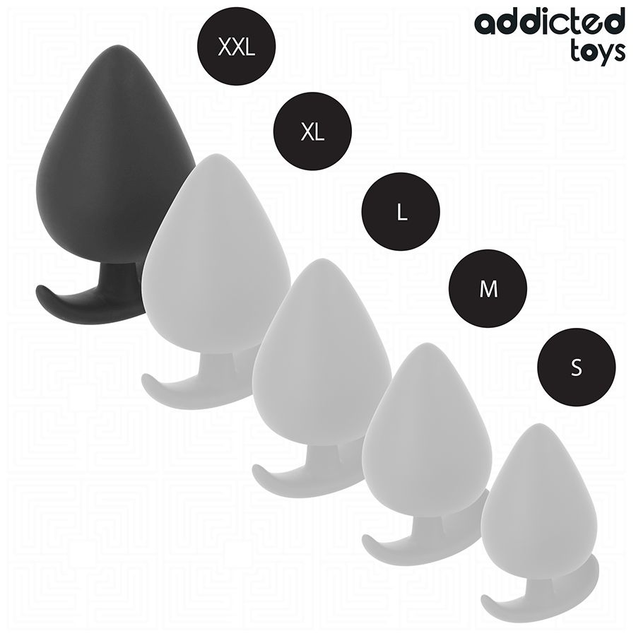 Verschiedene Größen von Analplugs. Schwarz (XXL), weiß (XL, L, M, S). Marke: Addicted Toys.