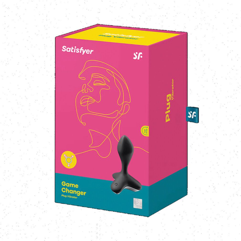 Verpackung für Analvibrator. Pink, gelb, Produktname, Illustration. Produktname: Satisfyer Game Changer Plug Vibrator. Schwarzer Vibrator abgebildet.