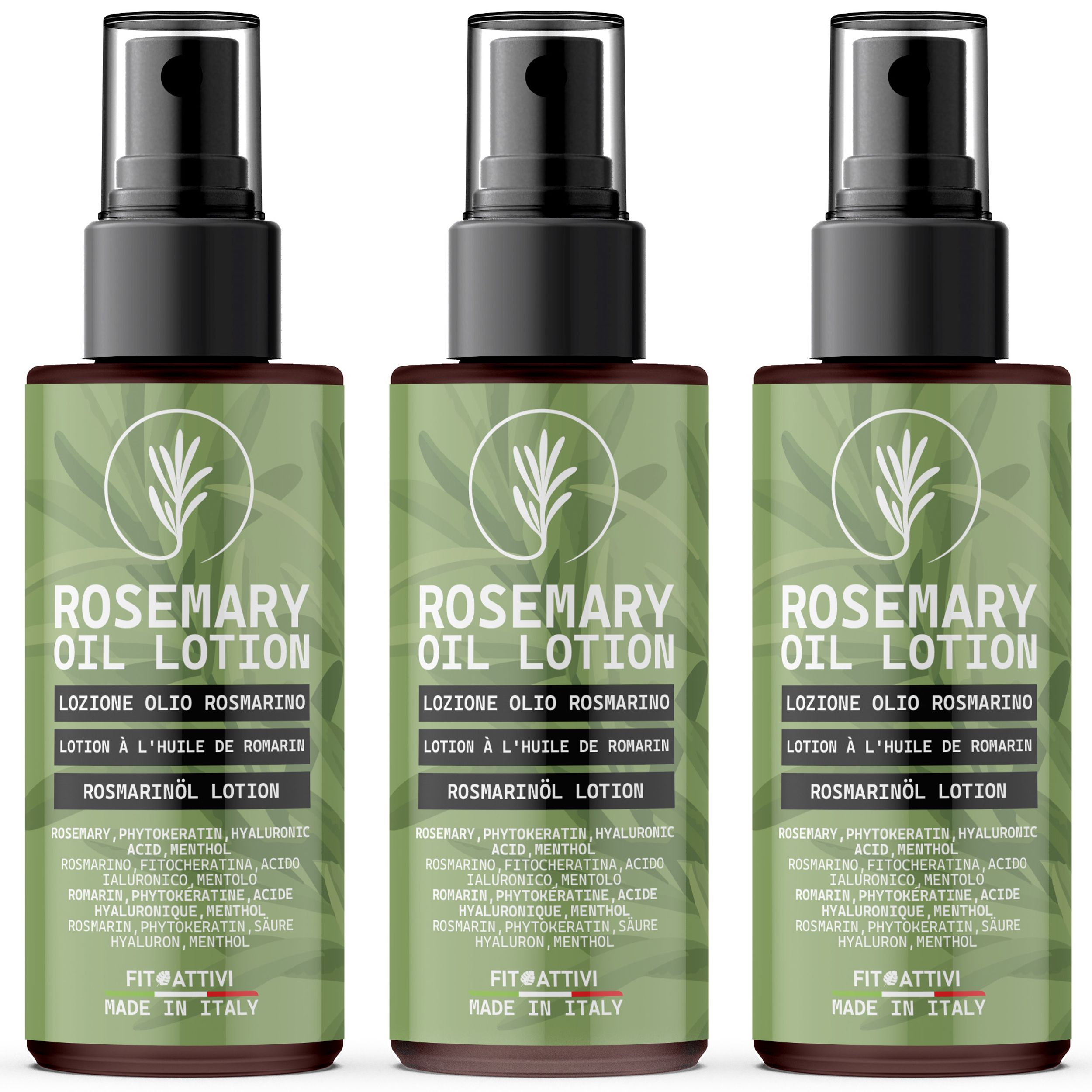 Drei Flaschen Rosmarinöl-Lotion mit schwarzem Sprühkopf. Grün-braune Etiketten mit Produktnamen und Inhaltsstoffen.