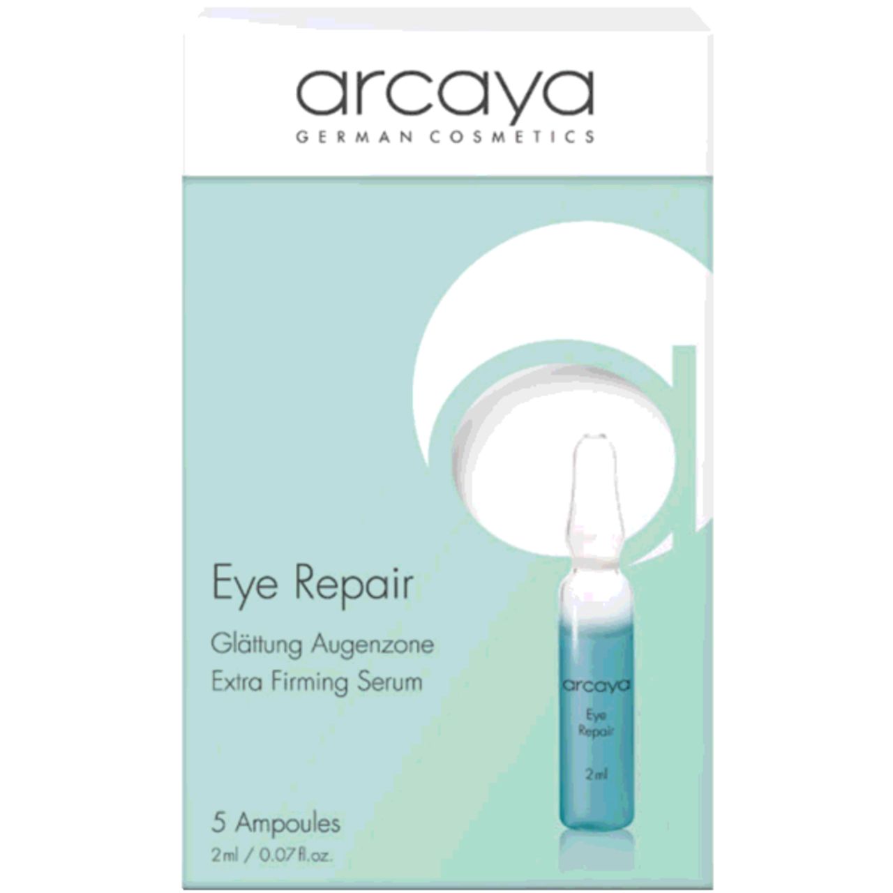 Verpackung mit Ampullen. Aufschrift: arcaya, Eye Repair, Extra Firming Serum. Eine Ampulle ist sichtbar.