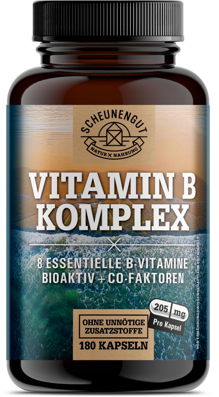 Braune Flasche Vitamin B Komplex. Aufschrift: Vitamin B Komplex, 8 essentielle B-Vitamine, 180 Kapseln.