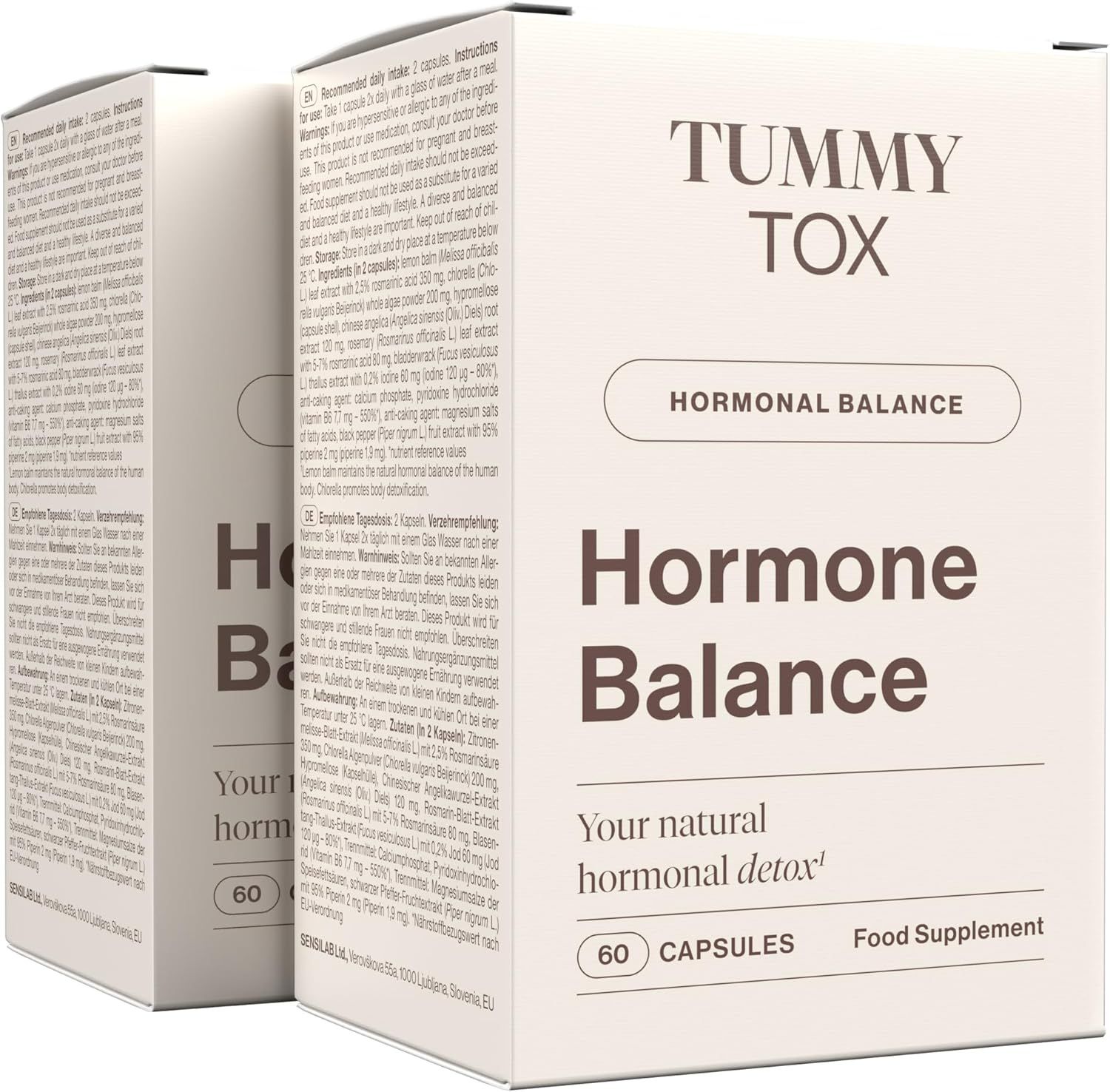 Zwei Kartons mit "Tummy Tox Hormone Balance". Aufschrift: "Hormone Balance", "60 Kapseln", "Food Supplement".