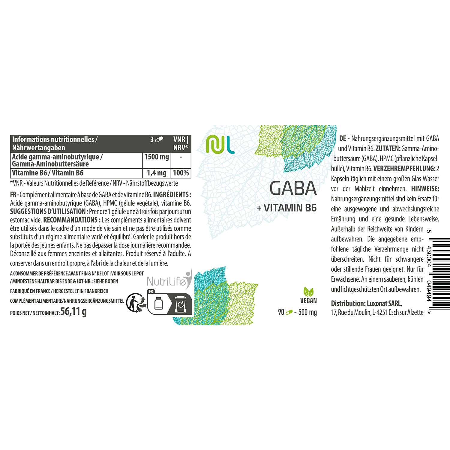 NutriLife Gaba + Vitamin B6 - Aminosäure - Beruhigung & seelisches Gleichgewicht - vegan