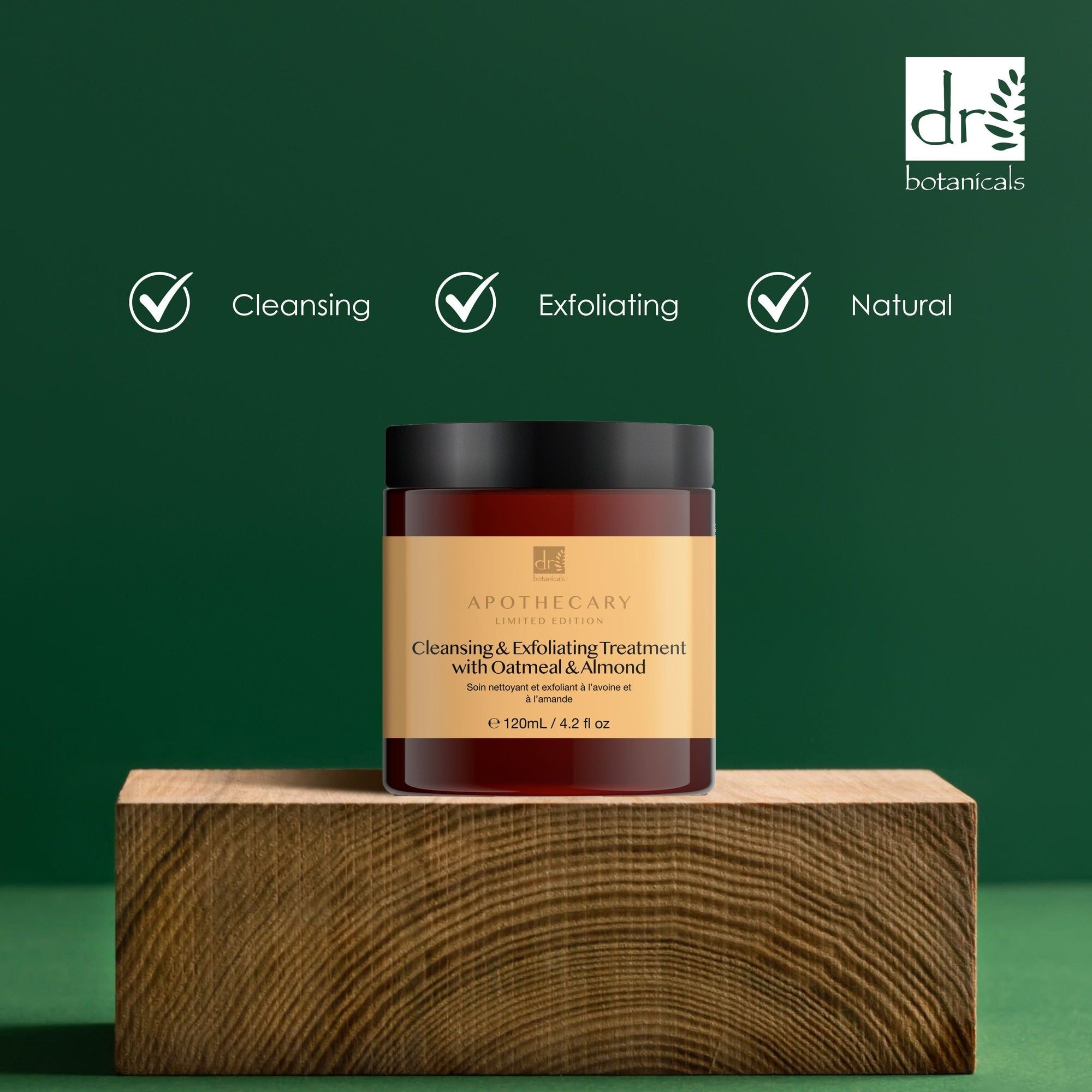 Braune Dose auf Holzblock. Text: Cleansing, Exfoliating, Natural. Cleansing & Exfoliating Treatment with Oatmeal & Almond.