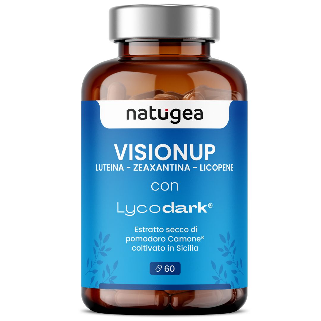 Flacone marrone con etichetta blu. Scritta: VISIONUP, natugea®, Luteina, Zeaxantina, Lycodark, 60 capsule.