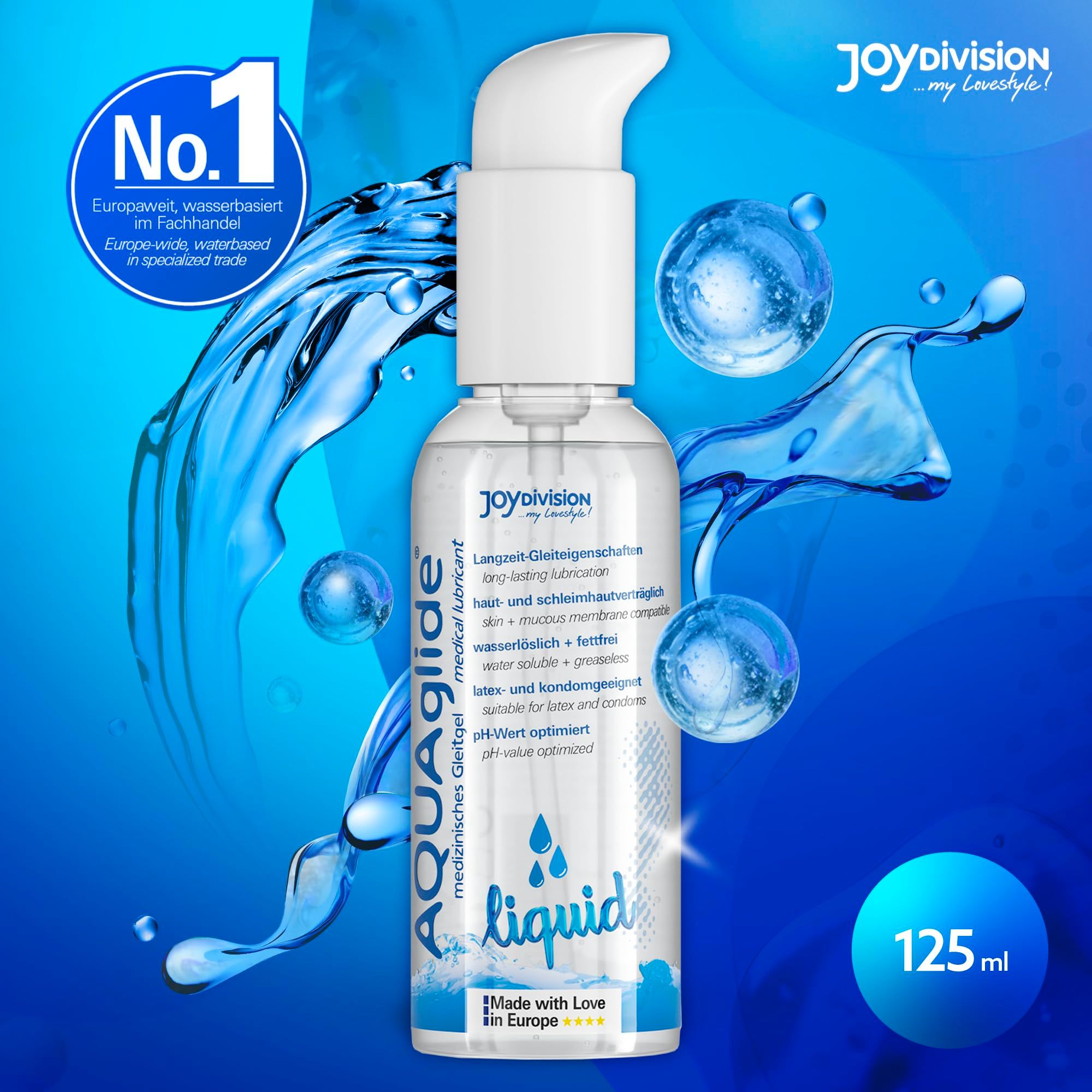 AQUAGLIDE Liquid Gleitmittel in 125ml Pumpspender. Wasserbasiert, öl- und fettfrei, pH-neutral.