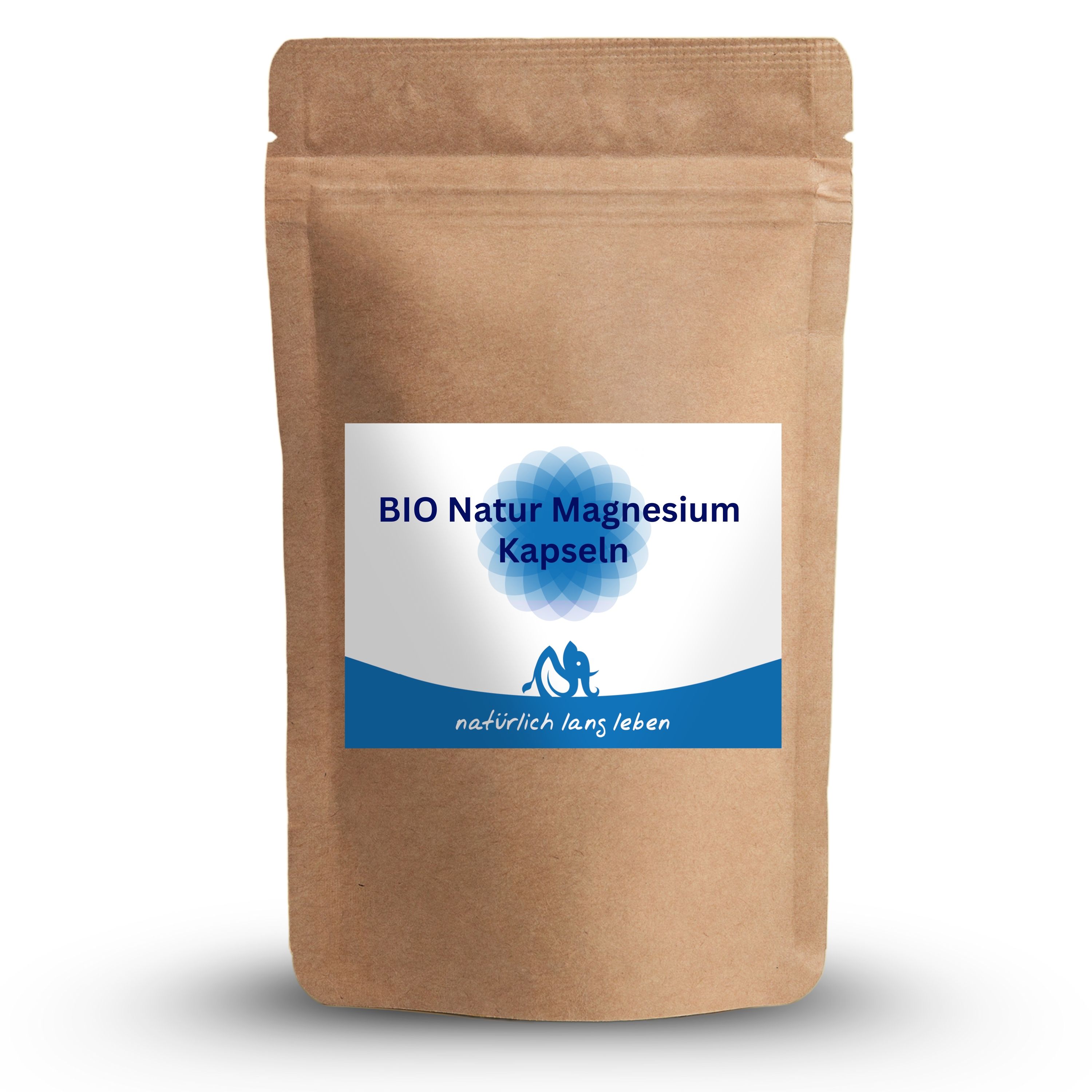 Braune Papierverpackung mit blau-weißem Etikett. Aufschrift: BIO Natur Magnesium Kapseln. Logo: Elefant. Text: natürlich lang leben.