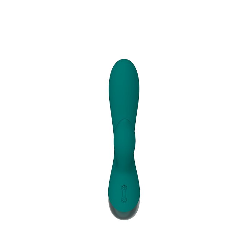 Türkisfarbener Vibrator mit Kaninchenohren-Design. Glatte Oberfläche, silberfarbenes Detail. Draufsicht auf weißem Hintergrund.