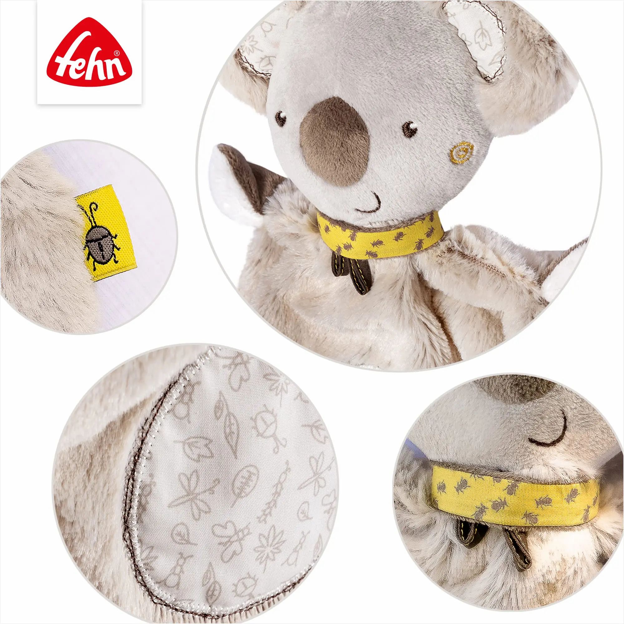 Detailansichten des Koala-Kuscheltiers. Gelbes Halstuch, Etikett mit Käfer, Stoffmuster mit Insekten.