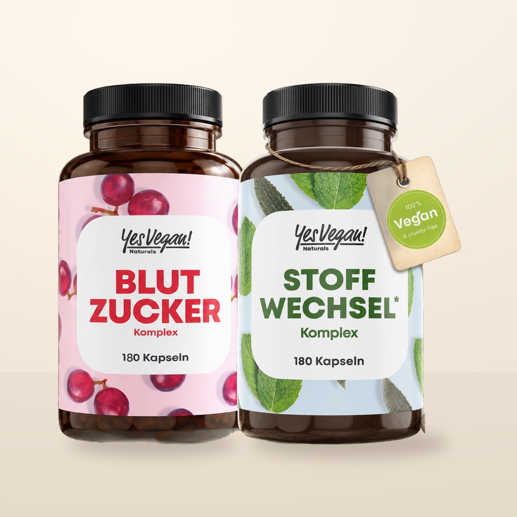 Zwei Flaschen YesVegan! Nahrungsergänzungsmittel: Blut Zucker Komplex und Stoffwechsel Komplex.