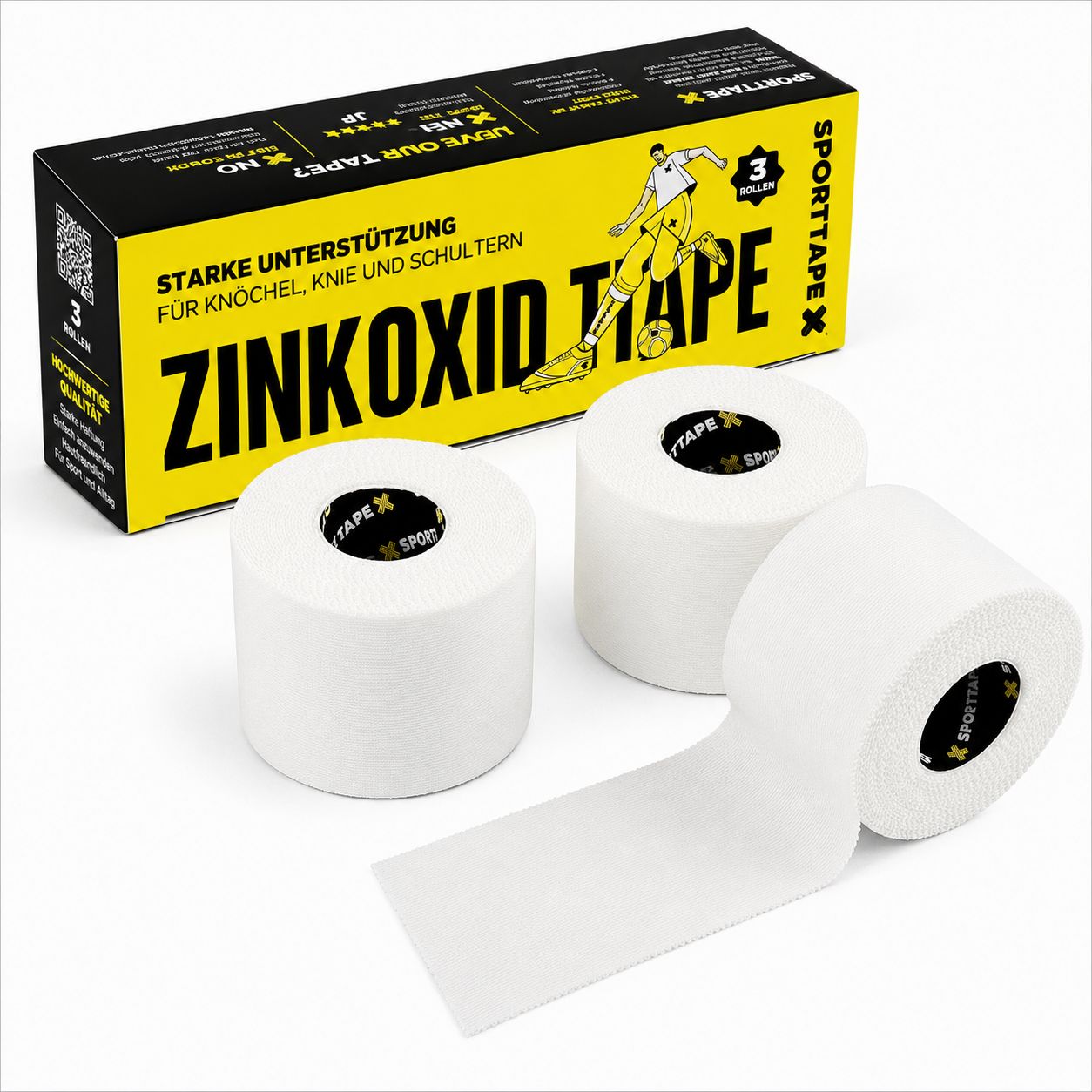 Verpackung und 3 Rollen weißes Zinkoxid-Tape. Starker Halt für Knöchel, Knie und Schultern.