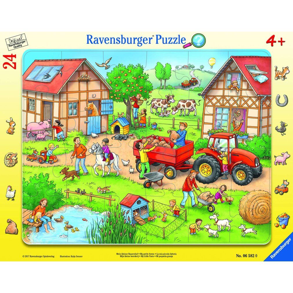 Puzzle mit Bauernhof-Motiv. 24 Teile. Ravensburger Puzzle. Für Kinder ab 4 Jahren. Rechteckige Form. Bunte Illustration mit Tieren und Menschen.