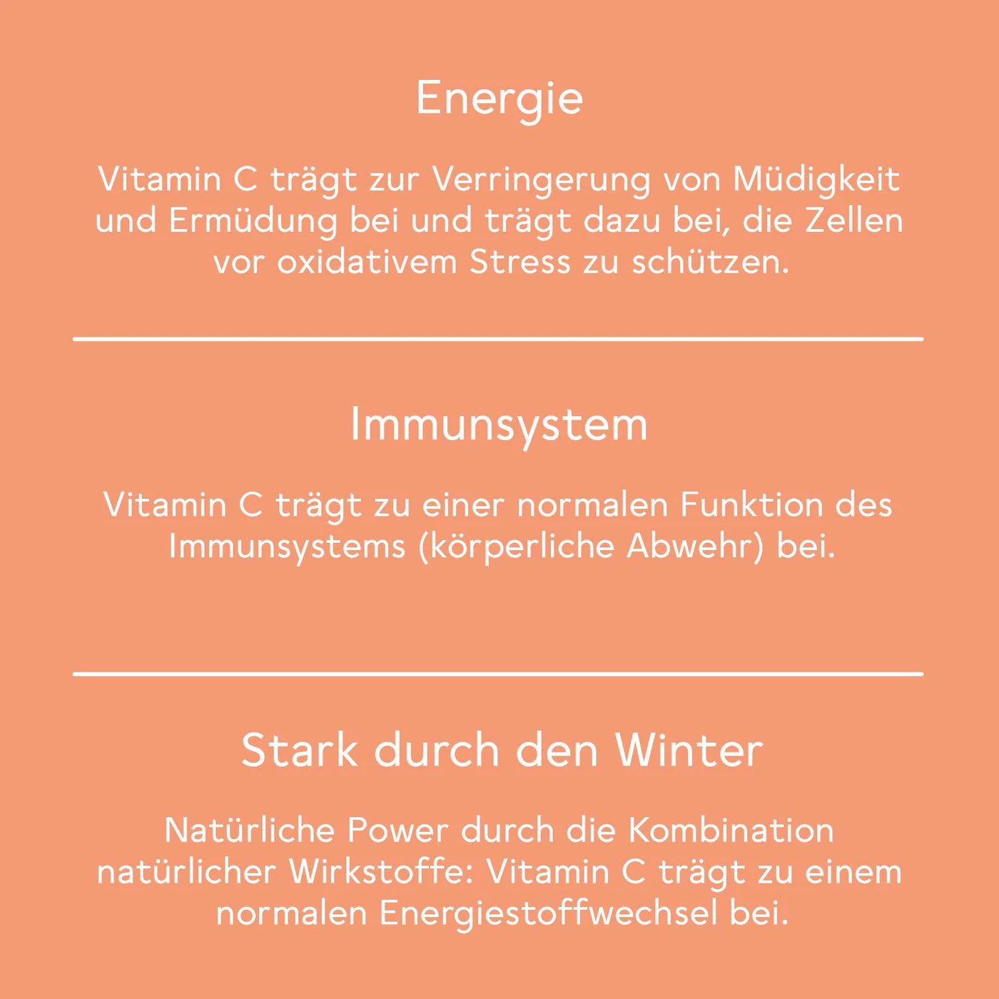 Text über die Wirkung von Vitamin C: Energie, Immunsystem, stark durch den Winter. Beschreibungen der Vorteile für den Körper.