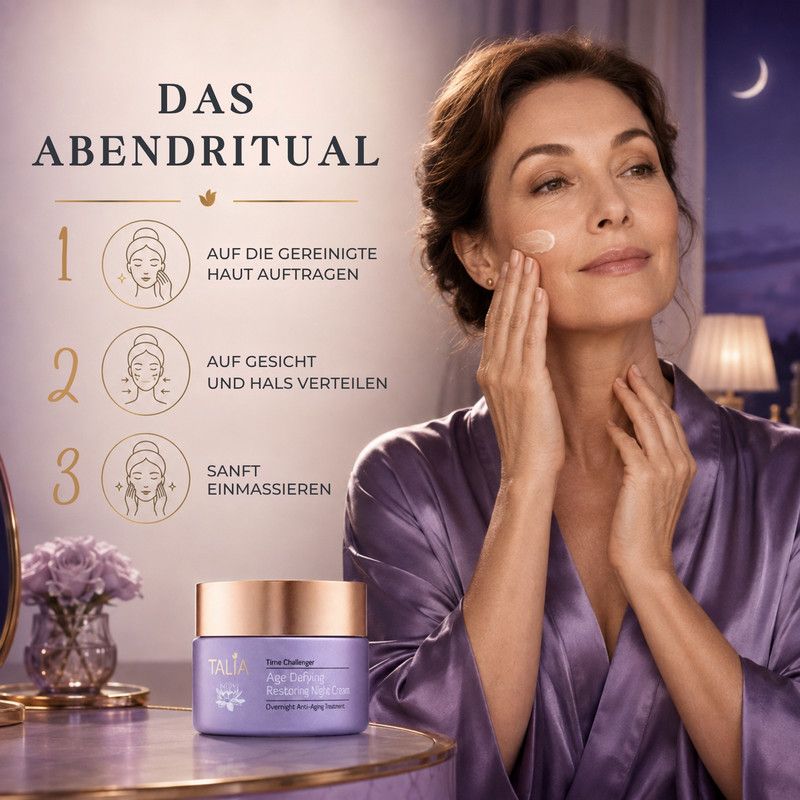 Talia Age Defying Nachtcreme Tiegel mit goldenem Deckel.