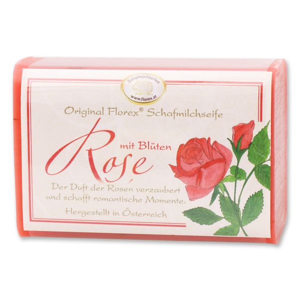 Rechteckige Schafmilchseife mit Etikett. Aufschrift: Original Florex Schafmilchseife Rose mit Blüten. Abbildung einer Rose.