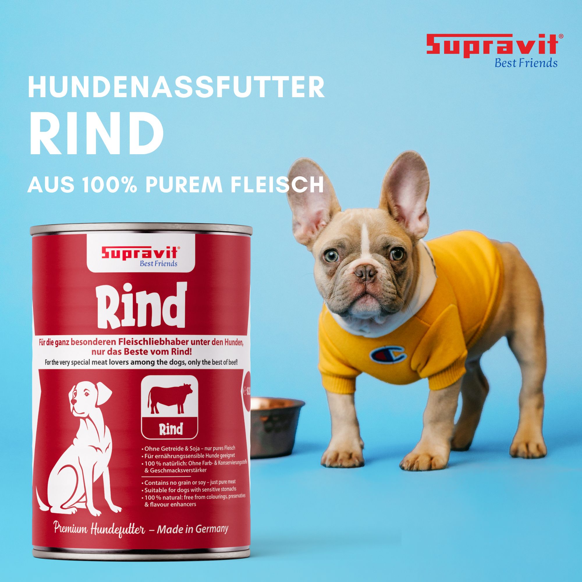 Rind-Hundenassfutter in Dose. Rote Dose mit Text und Logo. Hund mit gelbem Shirt steht neben Dose und Napf.