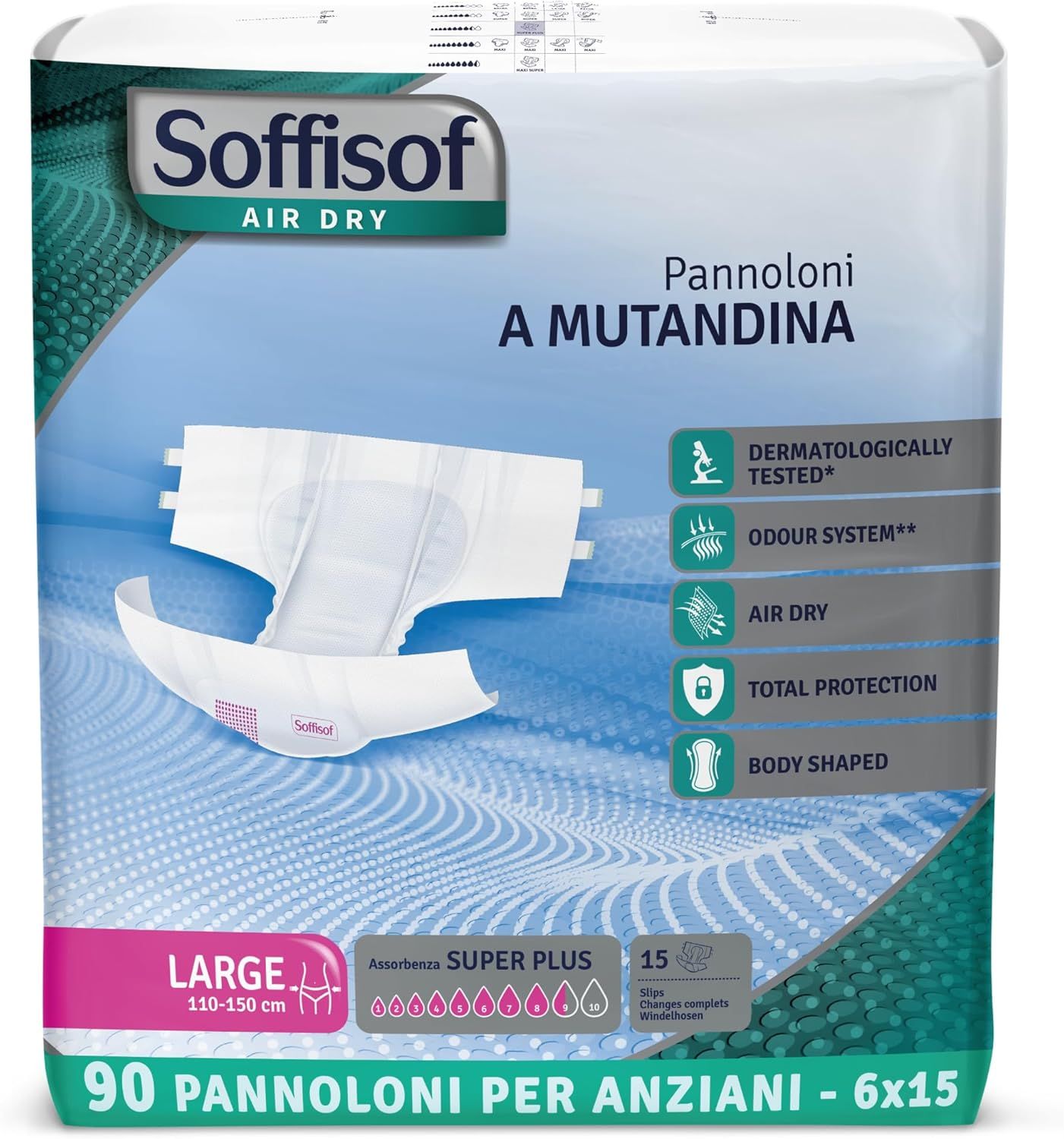 Verpackung mit Soffisof Air Dry Windeln für Erwachsene Super Plus. Größe Large, 90 Stück, 6x15. Dermatologisch getestet.